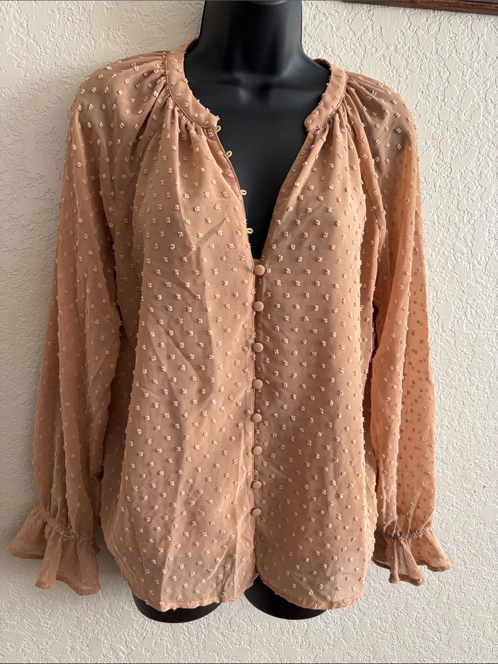 Pink Lily Dusty Peach Swiss Dot Peasant Blouse